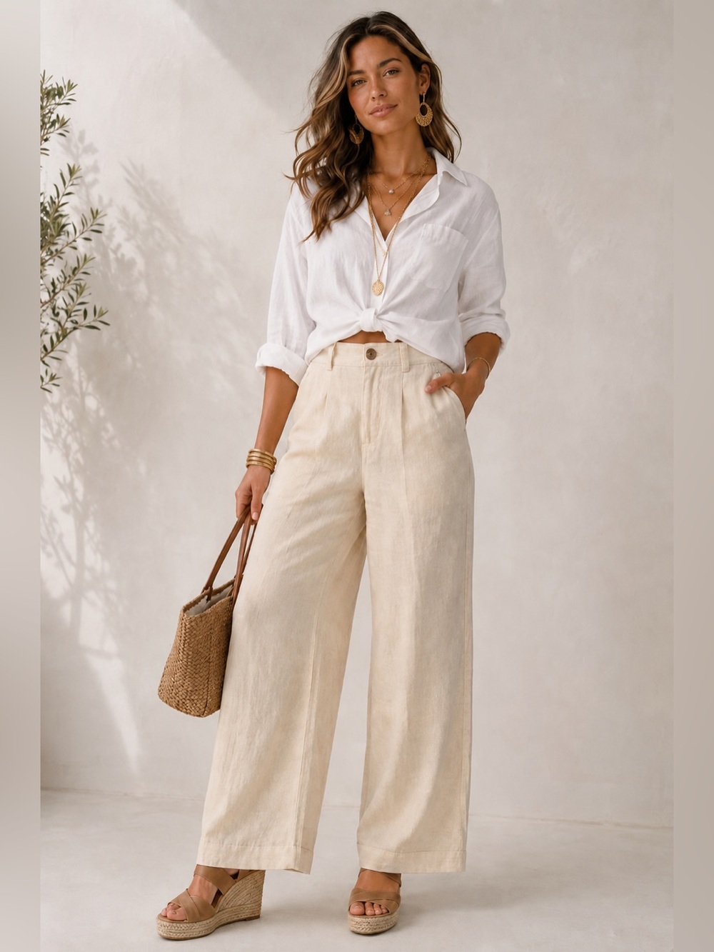 ZARA LINEN BLEND WIDE LEG PANTS SAND COLOR SIZE XL